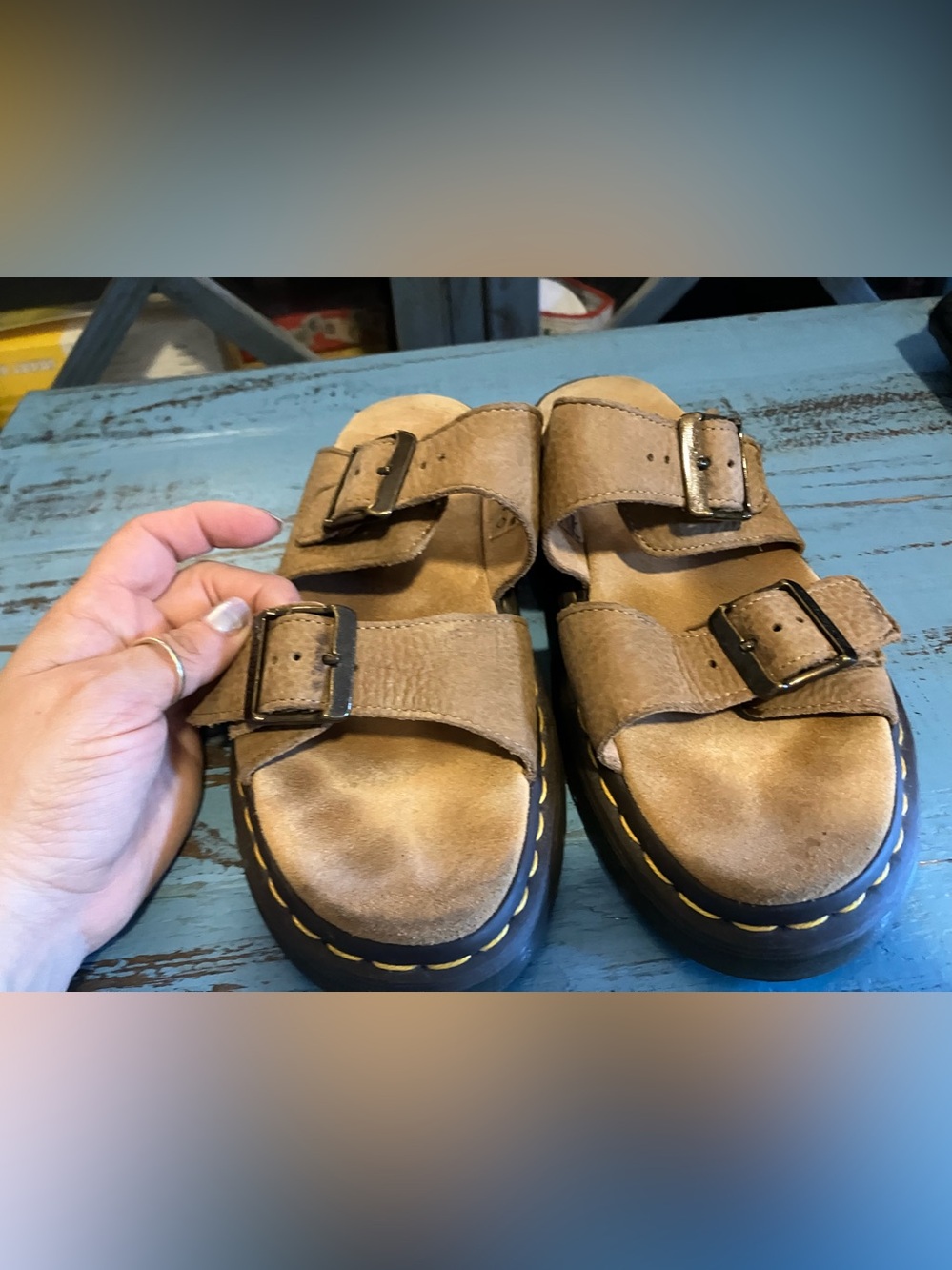 Dr. Martens Tan Leather Double-Buckle Slide Sandals - Picture 13 of 16